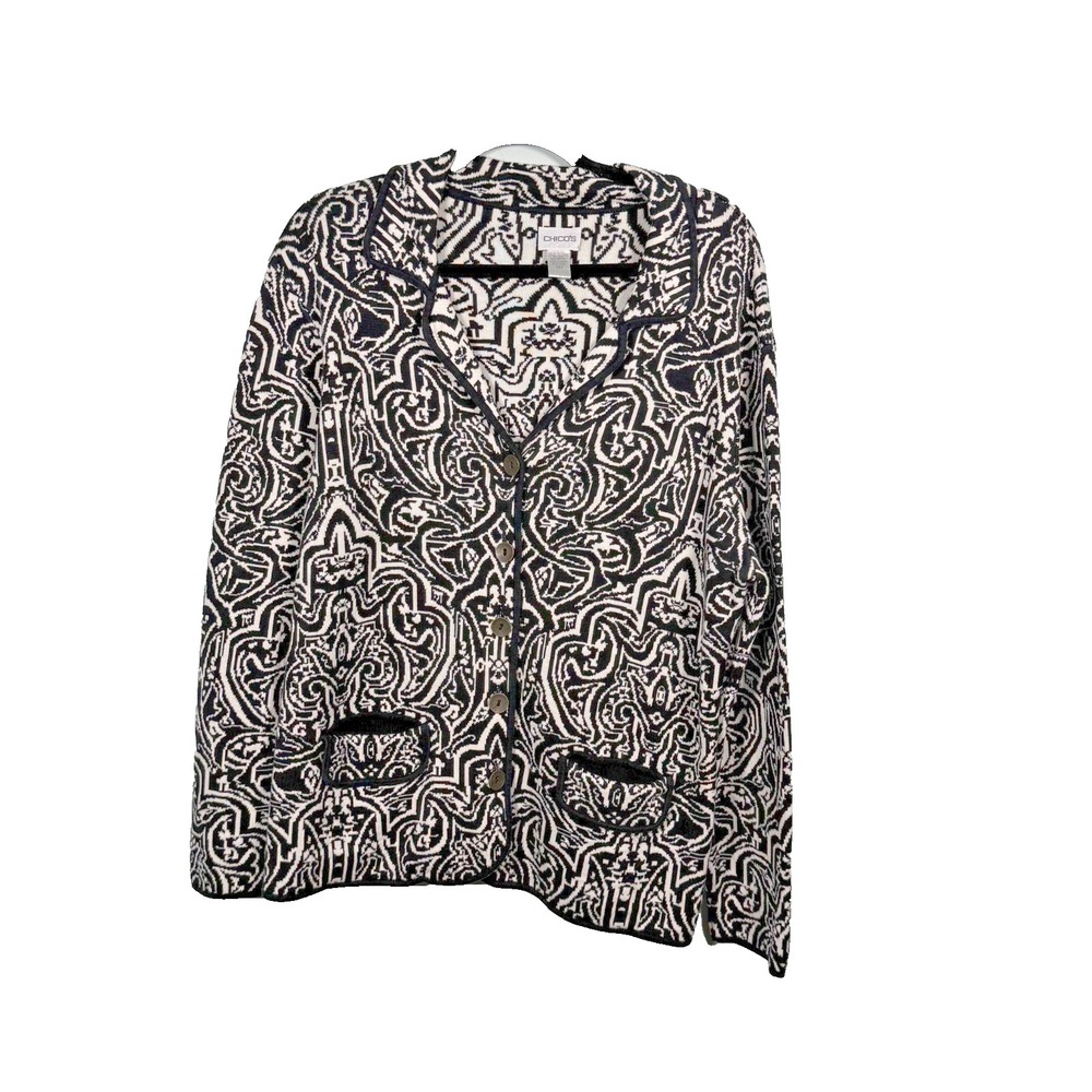 Chicos Womens Jacket Knit Blazer Black White Size 3 XL Classic Buttons Cardigan